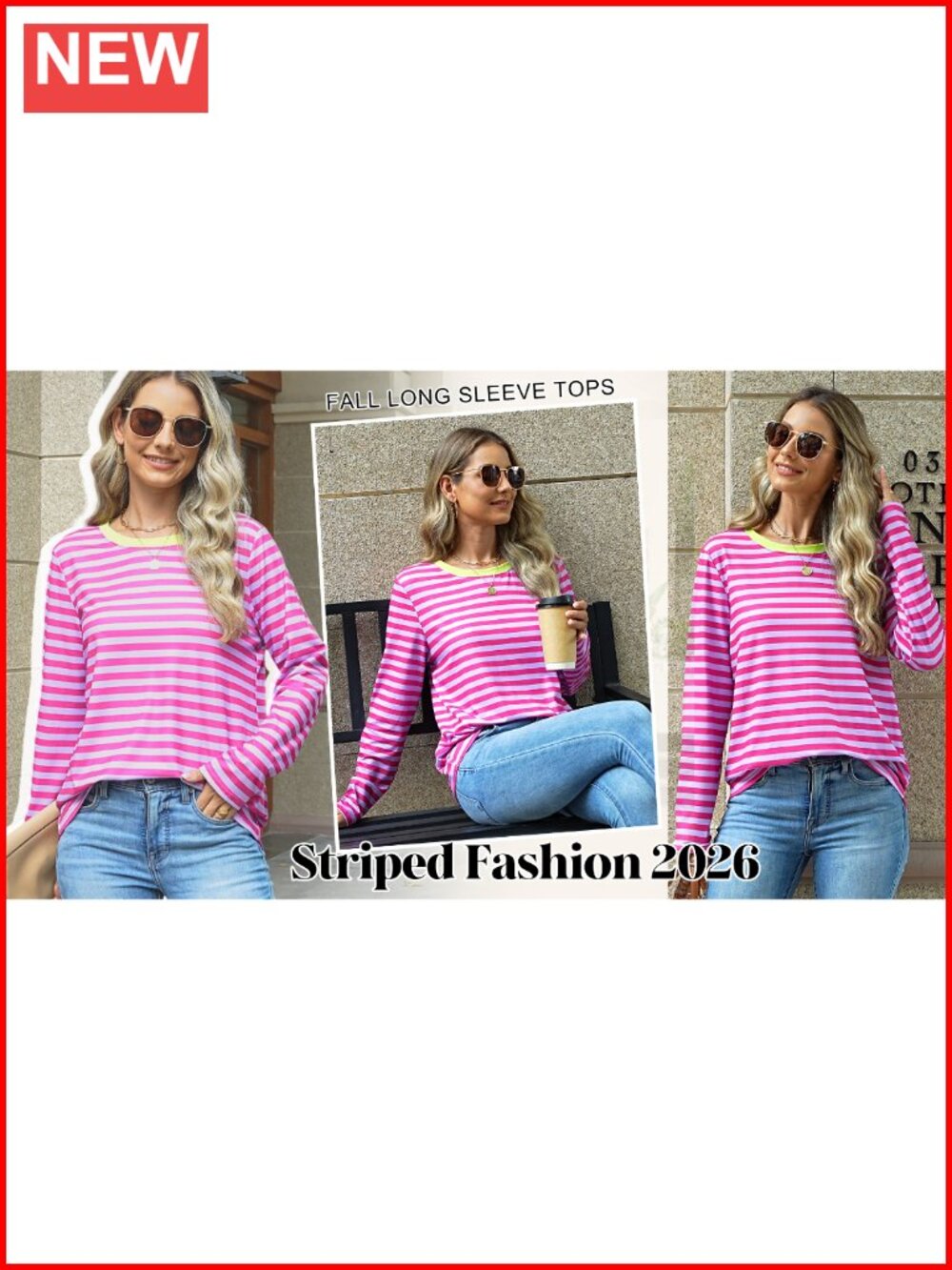 Womens Striped Long Sleeve Ribbed Crewneck Tee Fall Casual Blouse - Picture 6 of 6